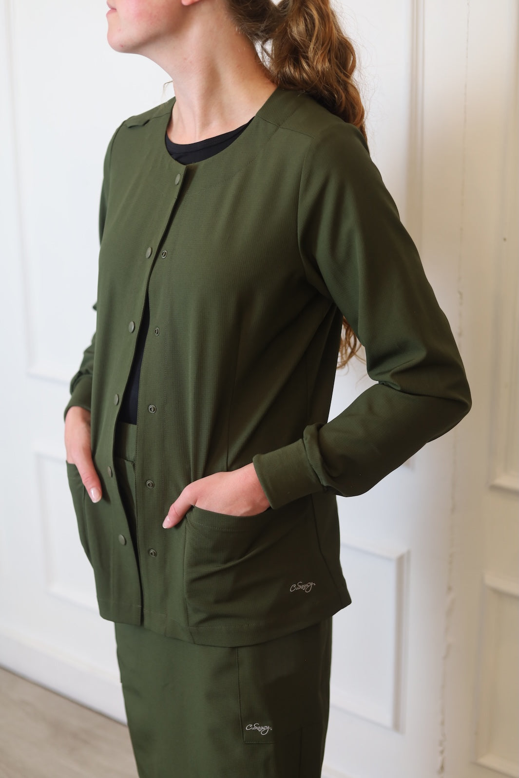 Women's Medical Snap Front Scrub Jacket Olive Green