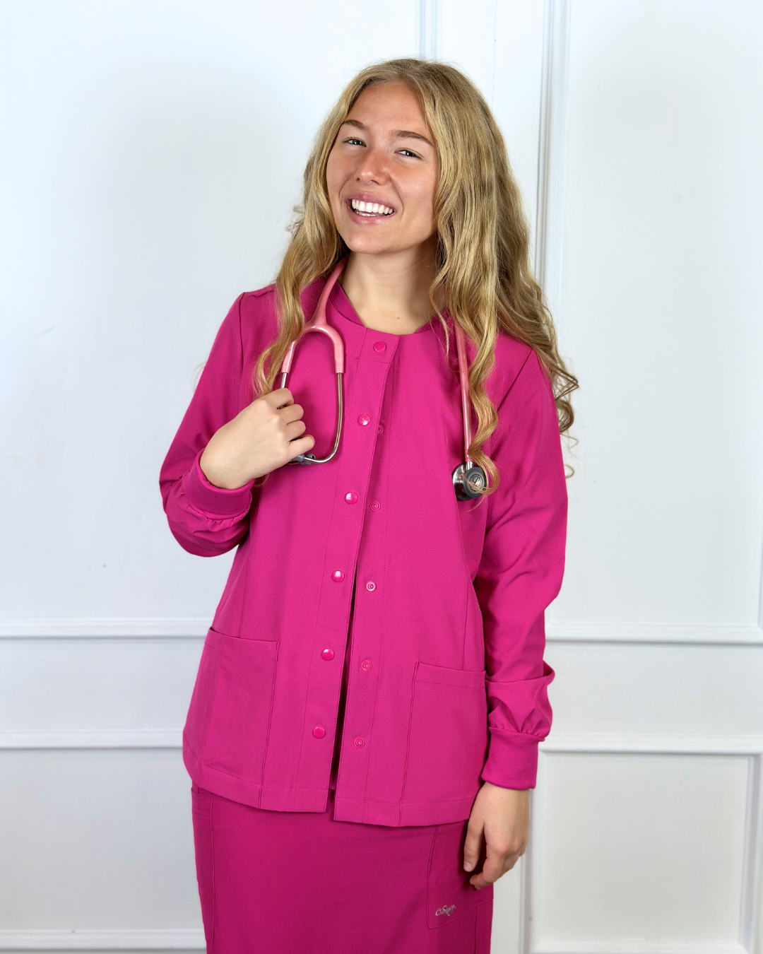 Women's Medical Snap Front Scrub Jacket | Shocking Pink | C.Saucy