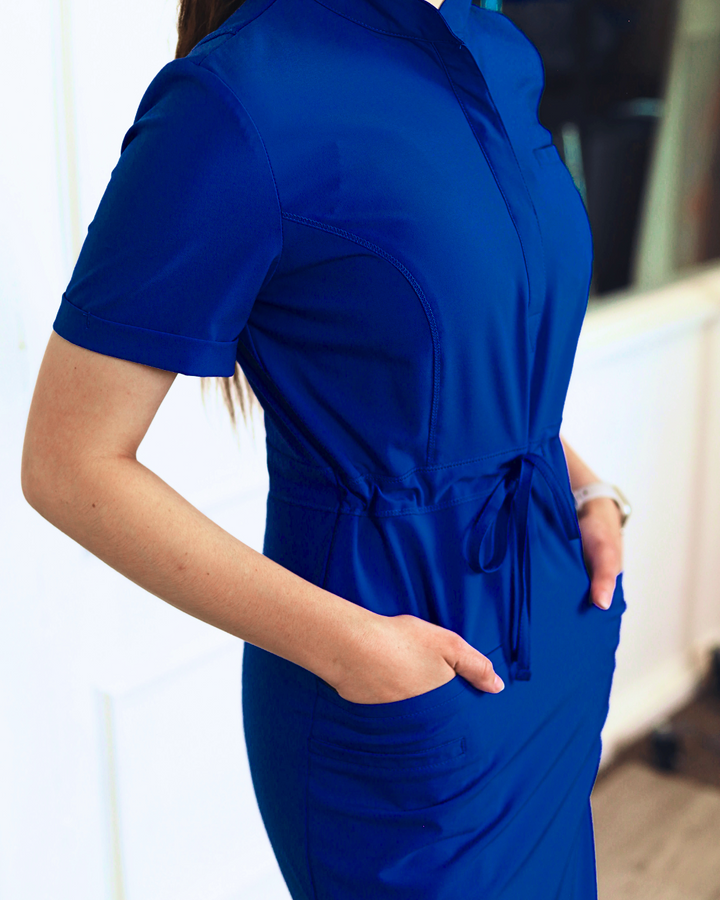 princess polly baby blue dress Stylish Blue Medical Scrub Dress with Red Trim and Stethoscope 59044384 PNG main image 1