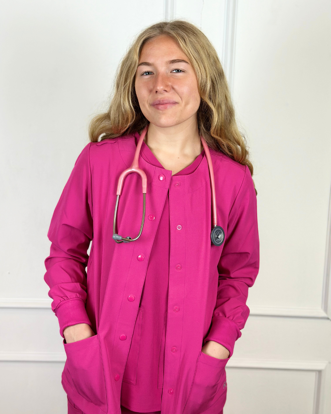 Women's Medical Snap Front Scrub Jacket Shocking Pink
